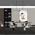 Modern Restaurant Interior Design With Dining Table Chairs Pendant Lights And Wine Cabinet