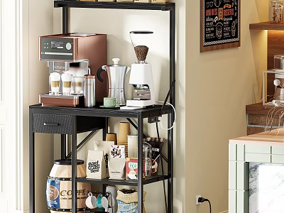 Black Metal Storage Shelf Organizing Coffee Supplies With Coffee Maker And Containers 3d model