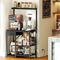 Black Metal Storage Shelf Organizing Coffee Supplies With Coffee Maker And Containers