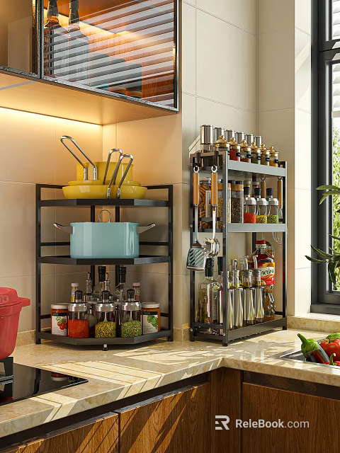Kitchen Utensil and Cookware Set with Spice Jars Pots Bowls on Countertop Organizer Rack 3d model 