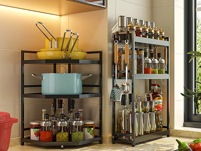Kitchen Utensil and Cookware Set with Spice Jars Pots Bowls on Countertop Organizer Rack 3d model