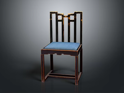 Chinese Style Office Chair With Wooden Frame Blue Padded Seat Carved Backrest 3d model