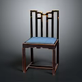 Chinese Style Office Chair With Wooden Frame Blue Padded Seat Carved Backrest