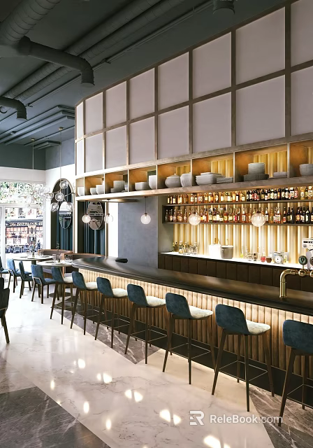 Elegant Restaurant Interior With Bar Counter Wine Bottles Bowls On Shelves And Blue Bar Stools 3d model 