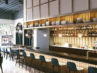 Elegant Restaurant Interior With Bar Counter Wine Bottles Bowls On Shelves And Blue Bar Stools 3d model