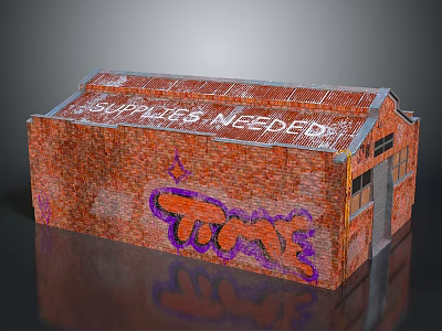 Red Brick Industrial Building With Graffiti Supplies Needed For Time And Metal Roof 3d model