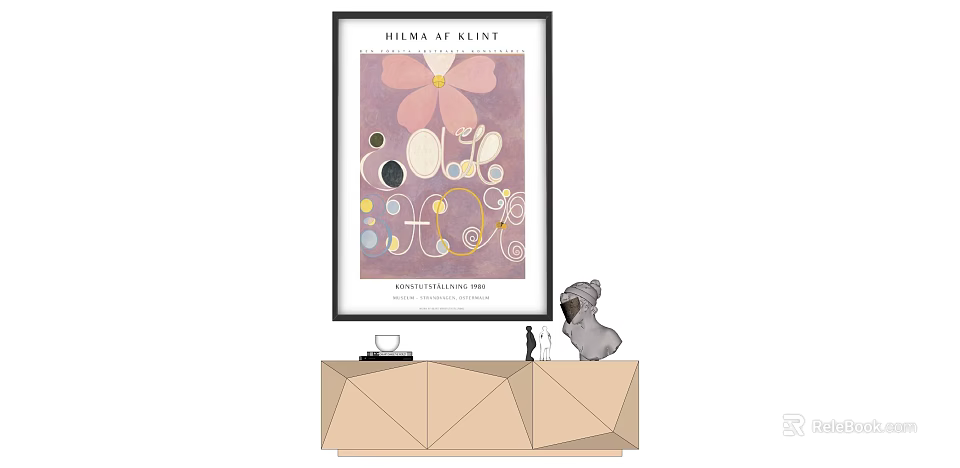 Stylish Interior Decor with Framed Abstract Artwork Geometric Cabinet Small Sculpture and Cup 3d model 