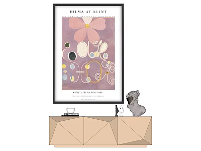 Stylish Interior Decor with Framed Abstract Artwork Geometric Cabinet Small Sculpture and Cup 3d model