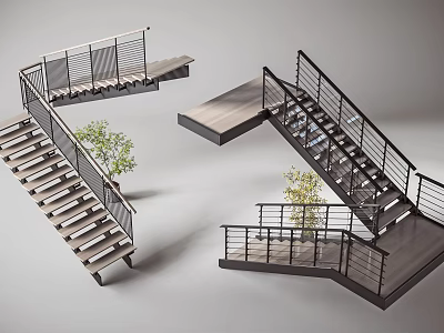 Modern Staircase Design Ideas With Metal Railings Wooden Steps And Decorative Plants 3d model