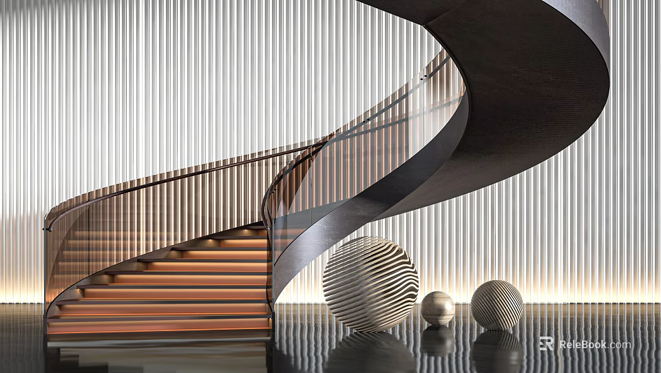 Modern Spiral Staircase With Black Handrail Wooden Steps And Metal Railing Striped Wall Decorative Balls 3d model 
