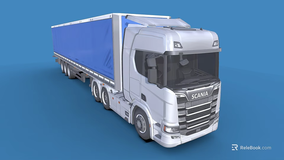 Scania Truck With White Cab And Blue Tarpaulin Trailer On Blue Background 3d model 