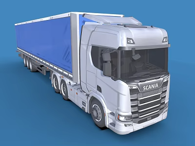 Scania Truck With White Cab And Blue Tarpaulin Trailer On Blue Background 3d model