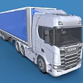 Scania Truck With White Cab And Blue Tarpaulin Trailer On Blue Background