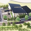Modern Style Sales Office Building With White Exterior Black Roof And Surrounding Greenery