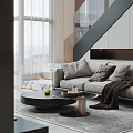 Modern Duplex Living Room Interior With Chandelier Fireplace And Art Mural