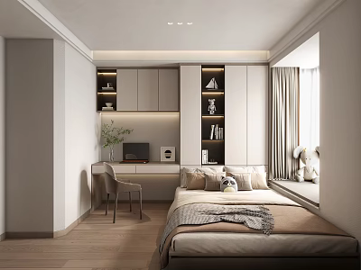 Tatami Bedroom Interior Design With Wooden Bed Desk Chair Window Curtains And Decorative Shelves 3d model