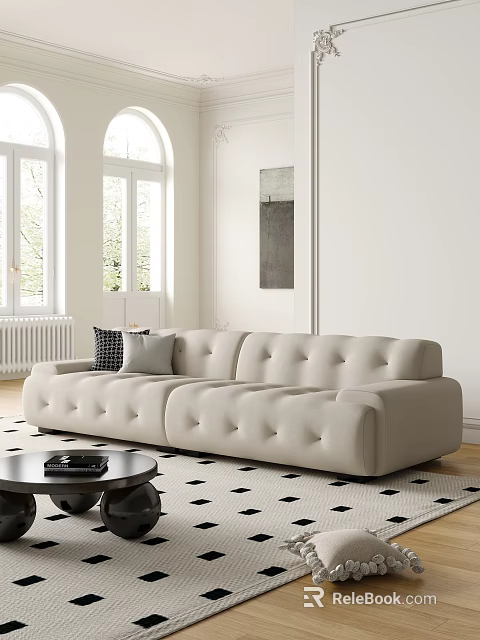 Beige Button tufted Large Sectional Sofa in Living Room with Windows Coffee Table and Throw Pillows 3d model 