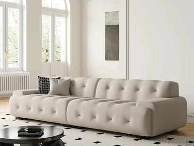 Beige Button tufted Large Sectional Sofa in Living Room with Windows Coffee Table and Throw Pillows 3d model