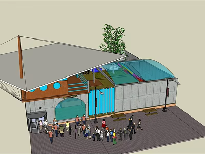 Outdoor Public Building With Gray Roof Glass Structure Green Tree And Crowded People Area 3d model