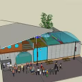 Outdoor Public Building With Gray Roof Glass Structure Green Tree And Crowded People Area