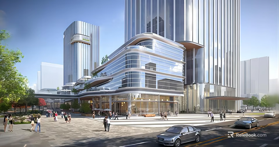 Modern Commercial Complex With Glass Curtain Walls High-Rise Buildings And Pedestrian Plaza 3d model 