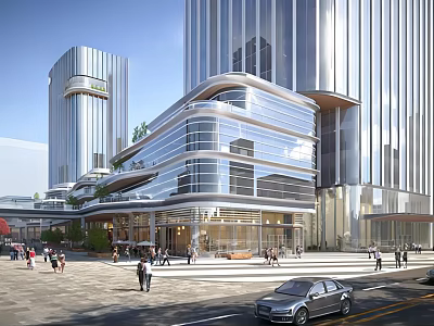 Modern Commercial Complex With Glass Curtain Walls High-Rise Buildings And Pedestrian Plaza 3d model