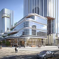 Modern Commercial Complex With Glass Curtain Walls High-Rise Buildings And Pedestrian Plaza 3d model