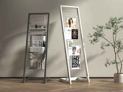 Modern Open Bookcase With Metal Frame Glass Shelves Holding Magazines Books And Green Plant 3d model