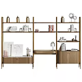 Decorative Ornaments Set on Modern Wooden Shelves with Plates Books Vases Lamp and Paintings