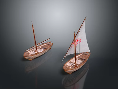Wooden Sailboat Models As Water Transport With Sails And Red Emblem On Sail 3d model