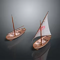 Wooden Sailboat Models As Water Transport With Sails And Red Emblem On Sail