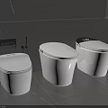Three White Modern Toilets In Bathroom With Grey Marble Walls And Floor