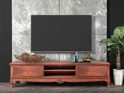 Wooden TV Stand With TV On Marble Wall And Decorative Items Plus Green Plant 3d model