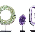 Elegant Decorative Ornaments With Green Carved Ring Amethyst Cluster And Geode On Metal Stands
