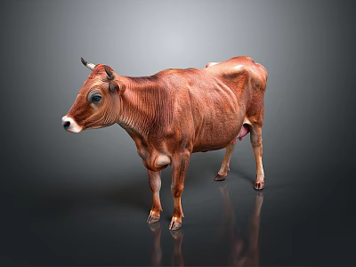 Full Body Brown Cow Standing On Reflective Floor With Gray Background 3d model