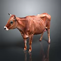 Full Body Brown Cow Standing On Reflective Floor With Gray Background