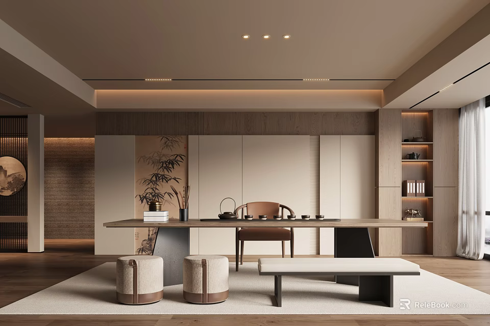 Modern Tea Room Interior With Wooden Long Table Poufs Bookshelves And Bamboo Decor 3d model 