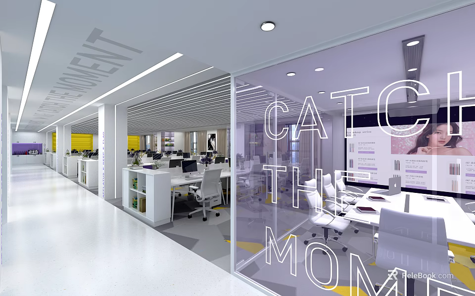 Modern Public Office Space With Glass Partitions Desks Ergonomic Chairs And Bright Lighting 3d model 