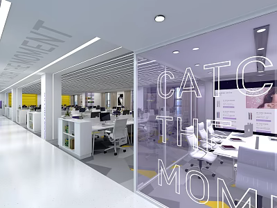 Modern Public Office Space With Glass Partitions Desks Ergonomic Chairs And Bright Lighting 3d model