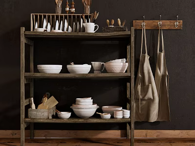 Rustic Wooden Shelving Unit Holding Bowls Mugs Plates and Hanging Aprons Against Dark Wall 3d model
