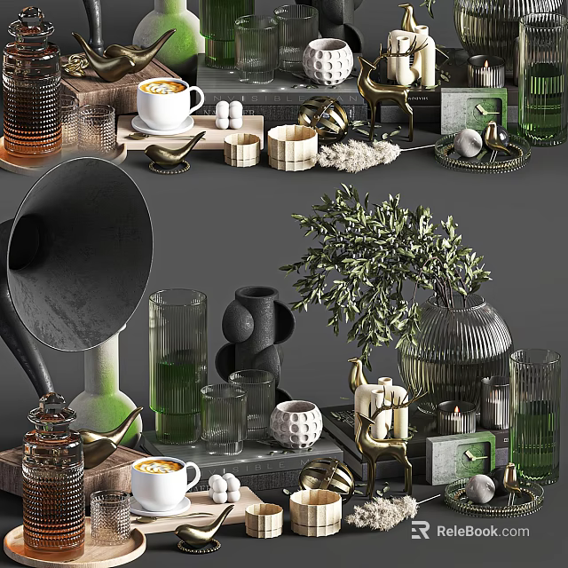 Stylish Decorative Ornament Set With Olive Branch Vases Candles And Glass Containers 3d model 