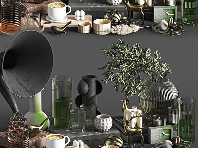 Stylish Decorative Ornament Set With Olive Branch Vases Candles And Glass Containers 3d model