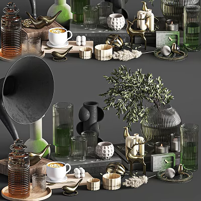 Stylish Decorative Ornament Set With Olive Branch Vases Candles And Glass Containers 3d model