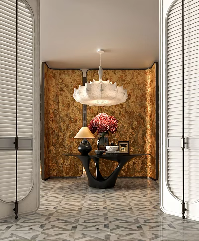 Elegant Console Table With Feather Chandelier Red Flower Bouquet And Gold Patterned Wallpaper 3d model