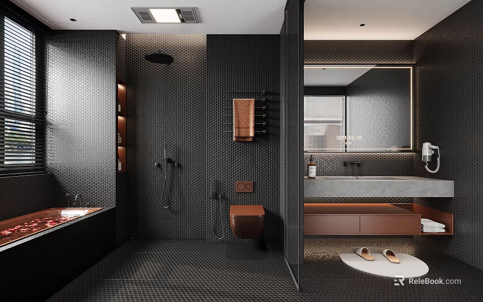 Modern Bathroom Interior Design With Black Tile Walls Floor Bathtub Red Petals And Vanity Mirror 3d model 