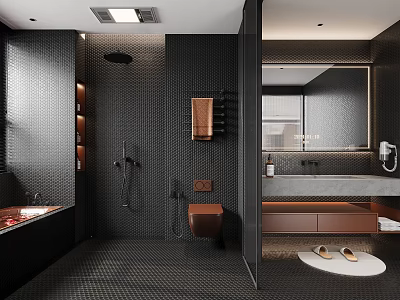 Modern Bathroom Interior Design With Black Tile Walls Floor Bathtub Red Petals And Vanity Mirror 3d model