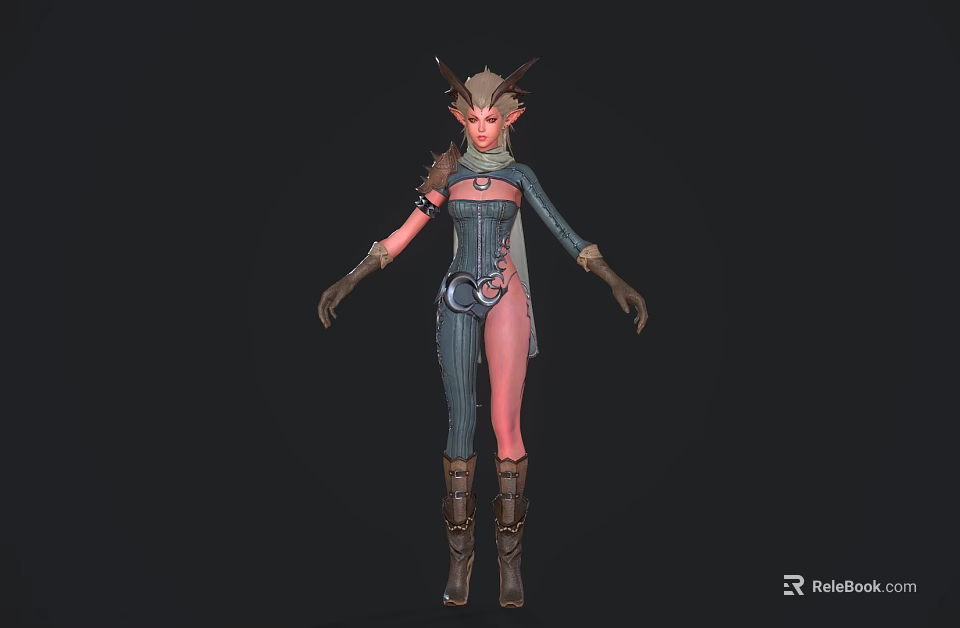 Fantasy Horned Elf Character With Striped Outfit Scarf And Leather Boots 3d model 