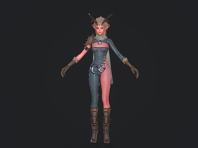 Fantasy Horned Elf Character With Striped Outfit Scarf And Leather Boots 3d model