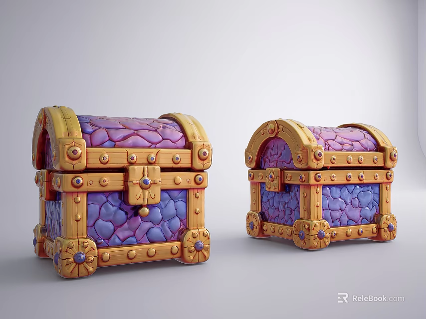 Purple And Golden Fantasy Style Treasure Chests With Stone Textured Design 3d model 