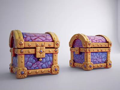 Purple And Golden Fantasy Style Treasure Chests With Stone Textured Design 3d model